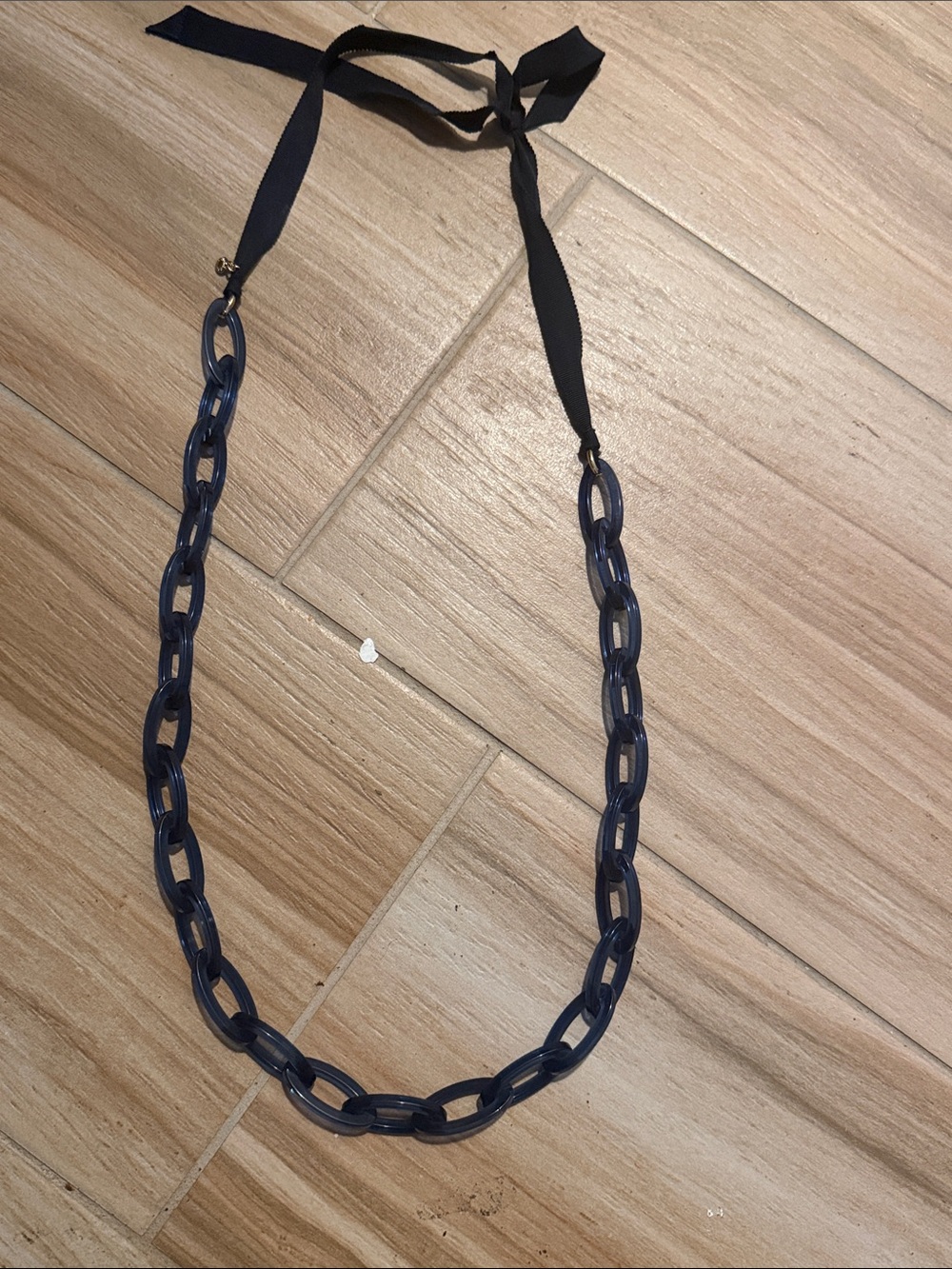 J. Crew Navy Link Necklace with Black Ribbon Tie